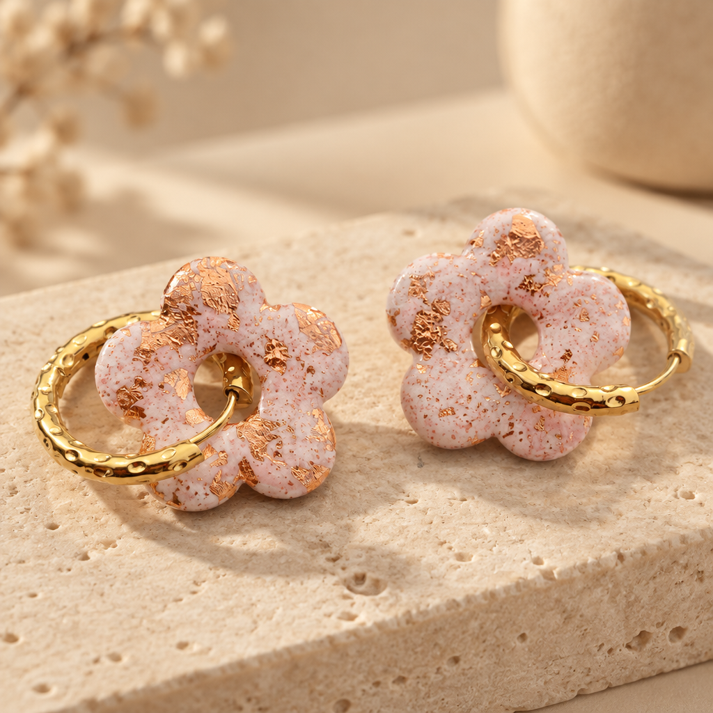 Pampilles fleurs roses gold